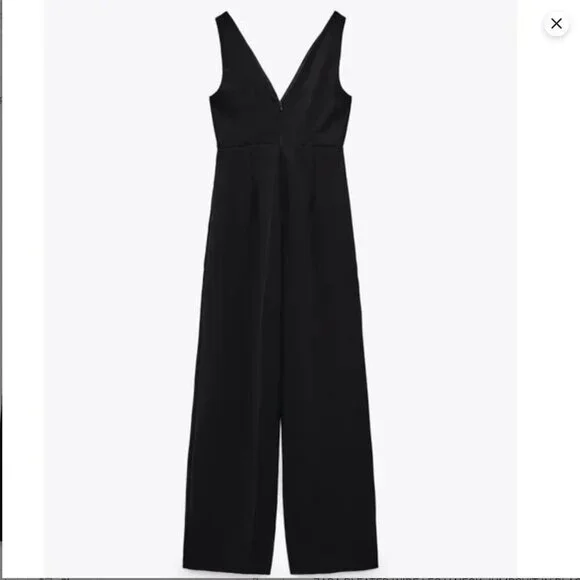 ZARA Sleeveless Pleated Front Wide Leg Jumpsuit in Black Size M MWT - Picture 3 of 6